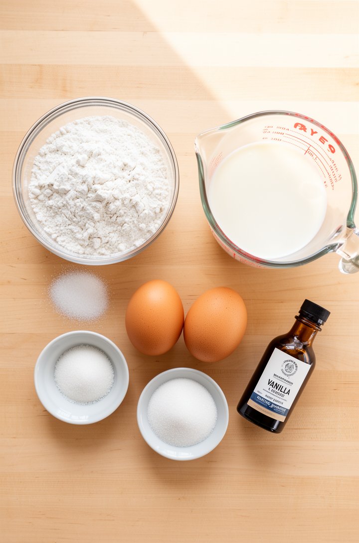 Overhead flat-lay shot of funnel cake ingredients arranged on a light wood surface — a bowl of white flour, small bowl of sugar, two brown eggs, a glass measuring cup of milk, a small dish of baking p