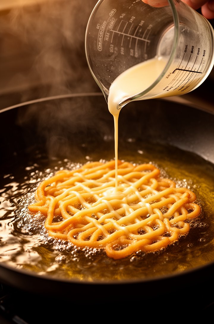 Close-up action shot of thin funnel cake batter being drizzled from a glass measuring cup into shimmering hot oil in a deep saucepan, the batter forming golden criss-cross ribbons as it hits the oil, 