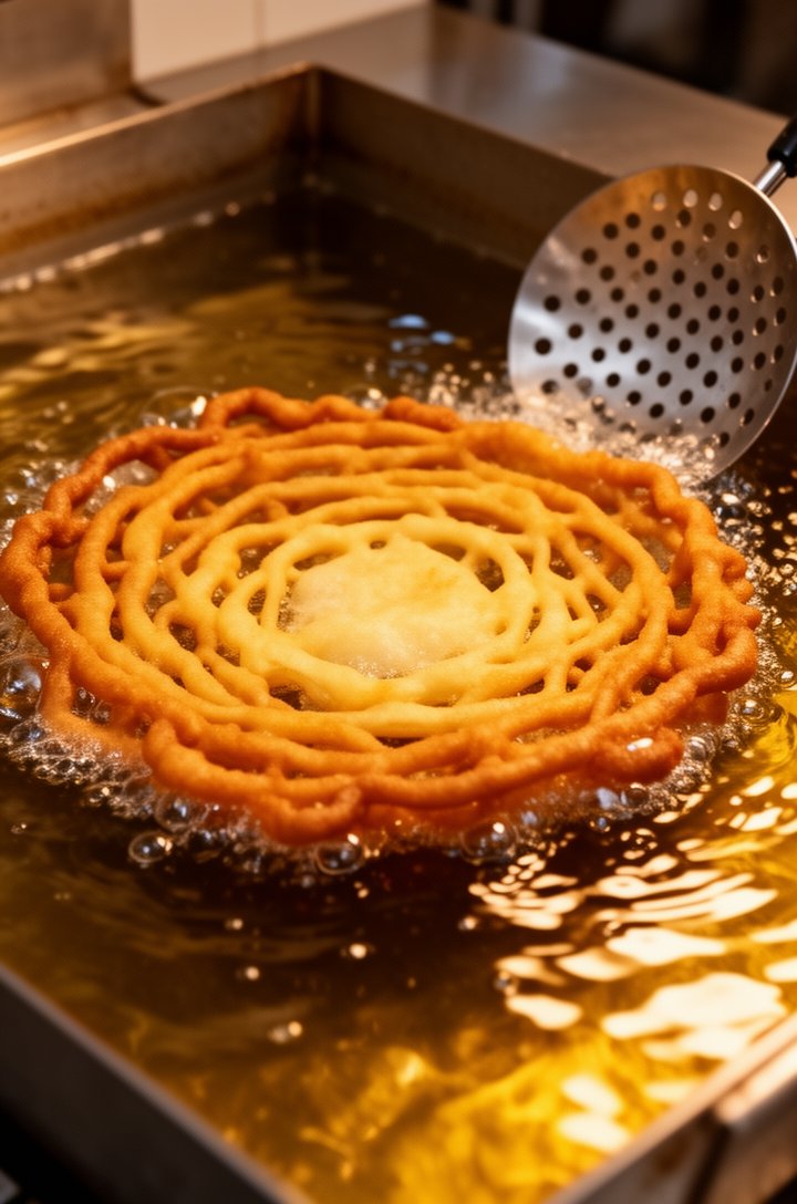 Side-angle shot of a golden-brown funnel cake frying in oil, halfway through cooking, showing the beautiful lacy pattern of overlapping fried dough strands, golden edges with lighter centers, bubbling