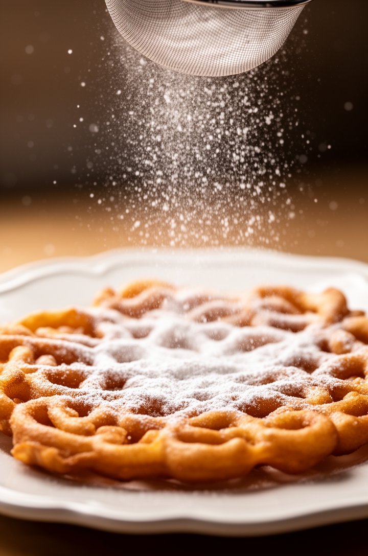 Extreme close-up of powdered sugar being dusted through a small mesh sieve over a freshly fried funnel cake on a white scalloped plate, sugar particles caught mid-air like snow, the golden-brown latti