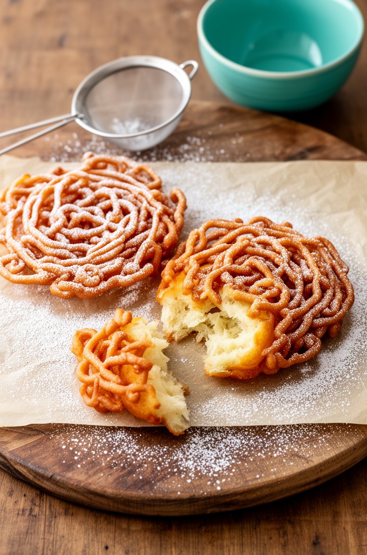 Overhead shot of two finished funnel cakes on parchment paper on a rustic wooden board, generously dusted with powdered sugar, one funnel cake broken apart showing the tender, airy interior texture of