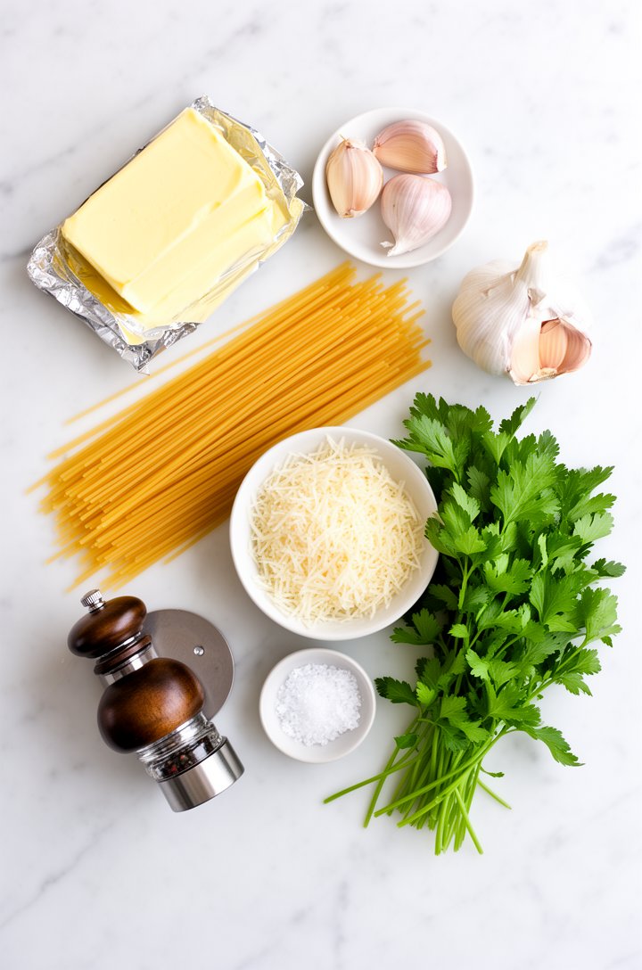 Overhead flat-lay of garlic butter pasta ingredients arranged on a white marble surface — a nest of uncooked spaghetti, a block of golden unsalted butter partially unwrapped, three whole garlic cloves