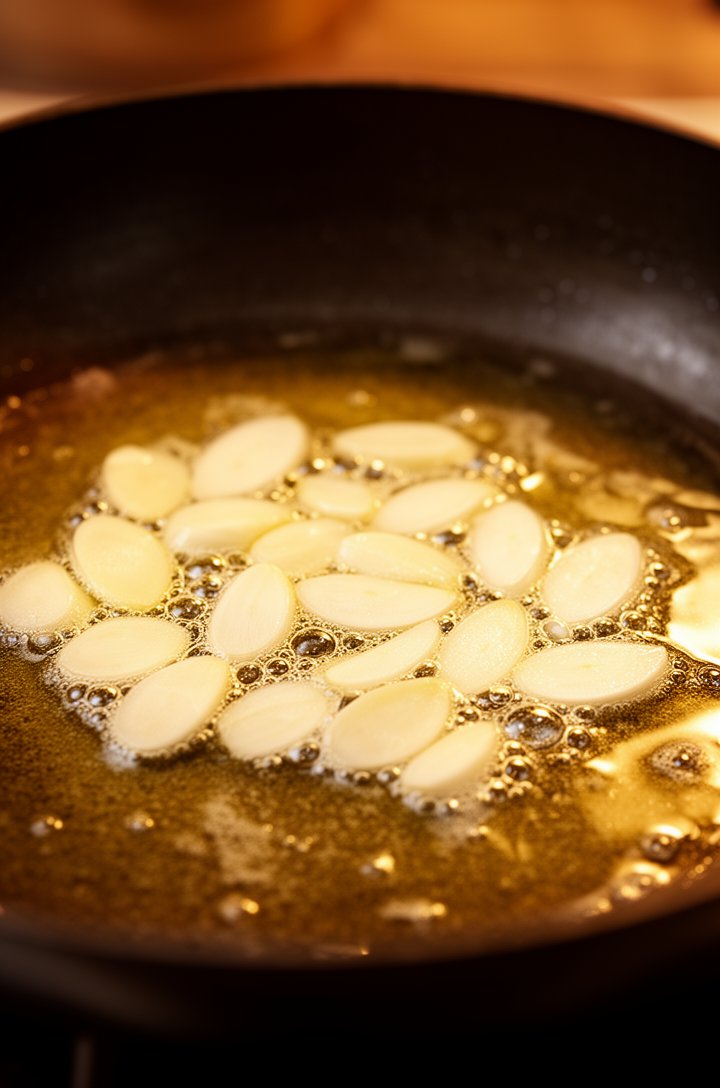 Extreme close-up of thinly sliced garlic gently sizzling in melted golden butter in a dark skillet, tiny bubbles forming around each garlic slice, the butter just starting to foam, warm amber tones, s