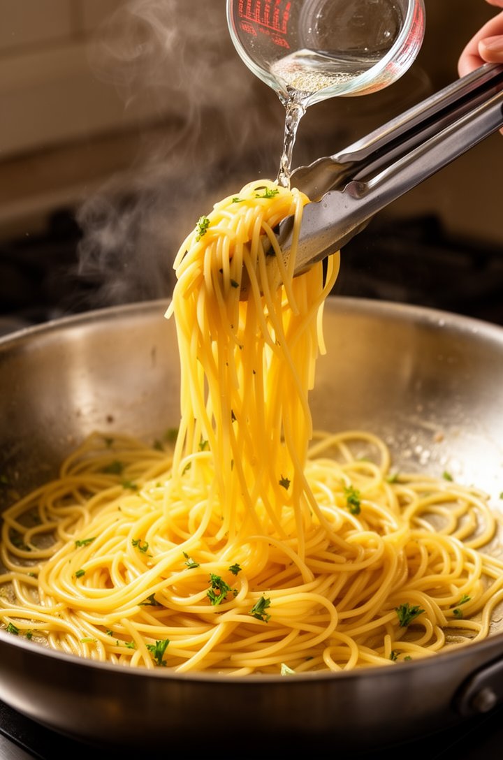 Action shot of kitchen tongs lifting and tossing golden butter-coated spaghetti in a large stainless steel skillet, strands of pasta catching the light and glistening, a splash of starchy pasta water 