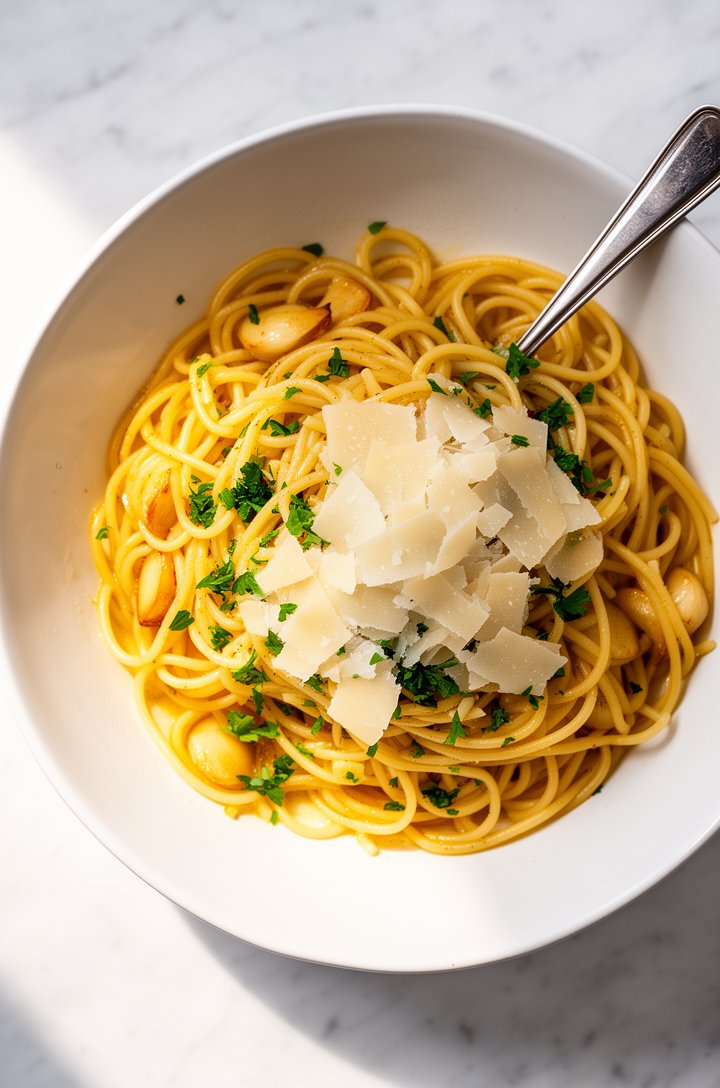 Overhead close-up shot of finished garlic butter pasta served in a wide white ceramic bowl on a white marble surface, spaghetti strands coated in glossy golden butter sauce, freshly grated parmesan sh
