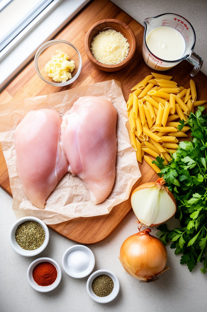 Overhead flat-lay of recipe ingredients arranged on a warm wooden cutting board and surrounding surface. Raw chicken breasts on parchment paper, a small glass bowl of minced garlic, a wooden bowl of g