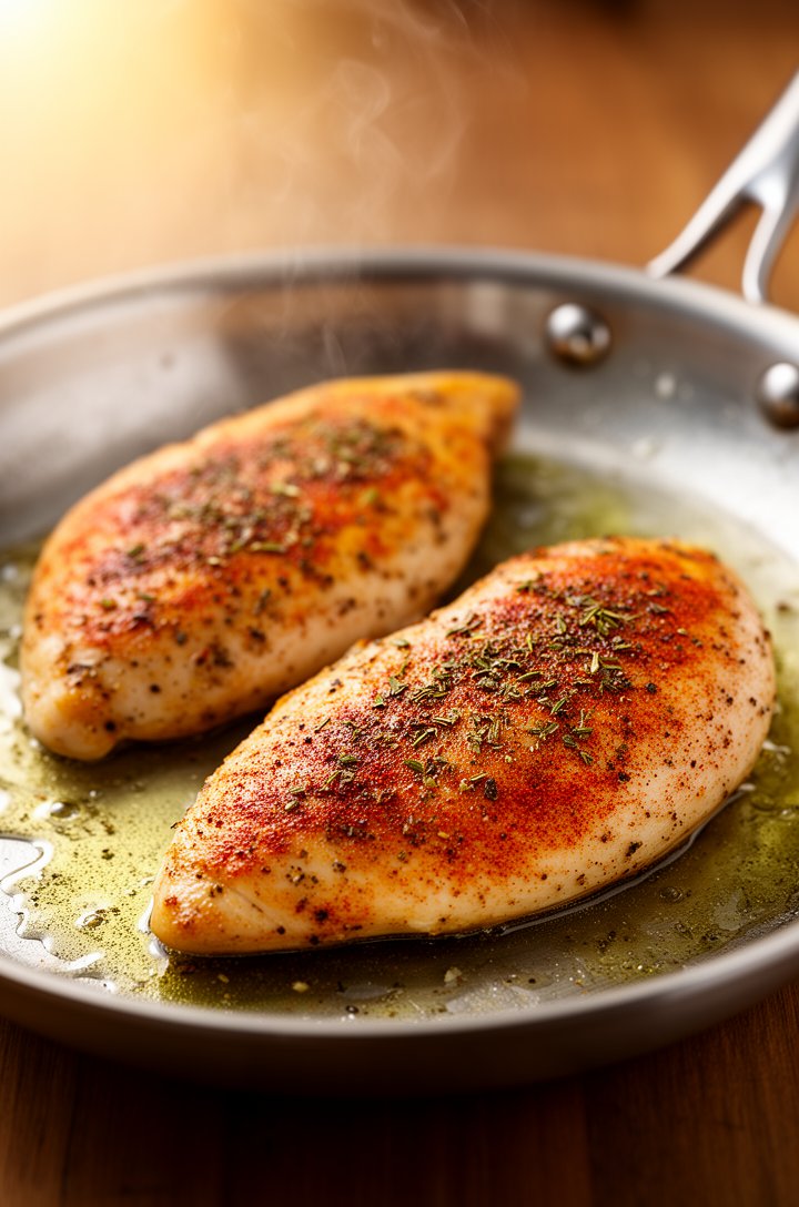 Close-up 45-degree angle of two seasoned chicken breasts searing in a stainless steel skillet, golden-brown crust forming on the surface with visible Italian herb seasoning and paprika color. Oil shim