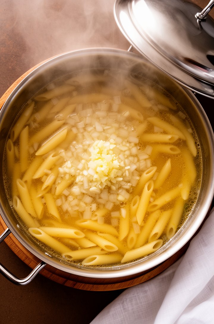 Overhead shot looking directly down into a large skillet filled with penne pasta submerged in golden chicken broth, lid slightly ajar with steam escaping. The pasta is mid-cook, some pieces poking abo
