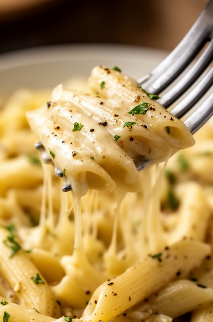 Extreme close-up macro shot of a fork twirling creamy garlic parmesan penne pasta, the tines lifting several pieces coated in glossy ivory-gold sauce with visible flecks of black pepper and green pars