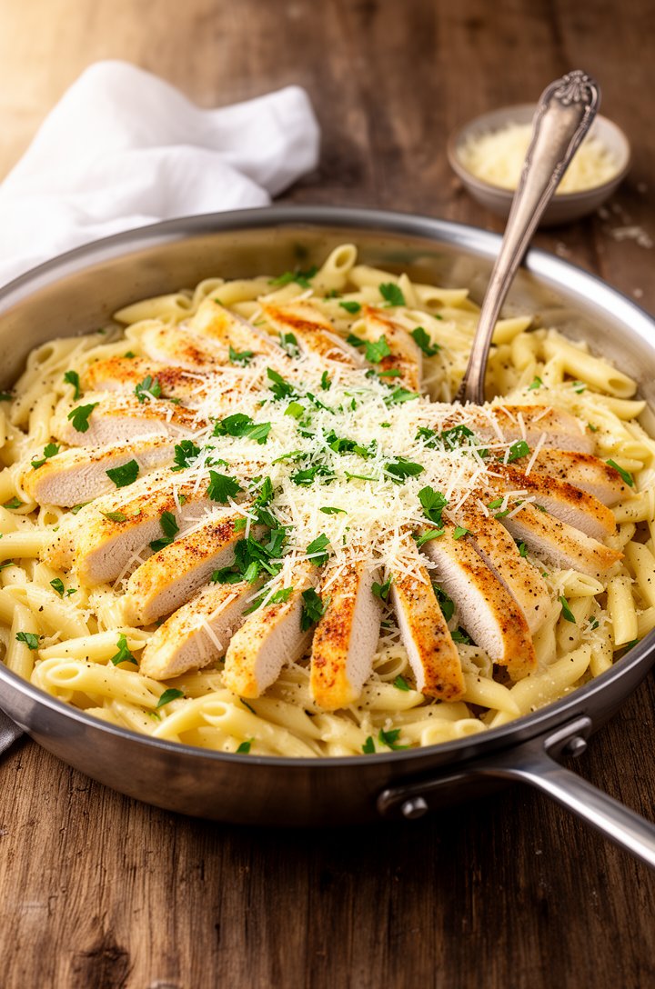 45-degree angle hero-style shot of the finished garlic parmesan chicken pasta served in a large stainless steel skillet on a rustic wooden table. Golden-brown sliced chicken strips arranged on top of