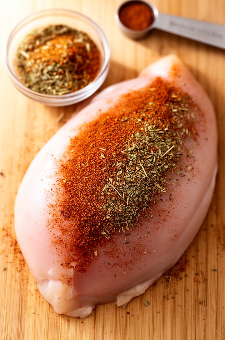 Overhead shot of a raw butterflied chicken breast on a wooden cutting board, half coated with a rust-colored seasoning mix of Italian herbs and paprika. A small bowl of the mixed spices sits beside it with a measuring spoon. Clean, bright natural lighting from above-left, warm wood tones, tight framing on just the chicken and spices.