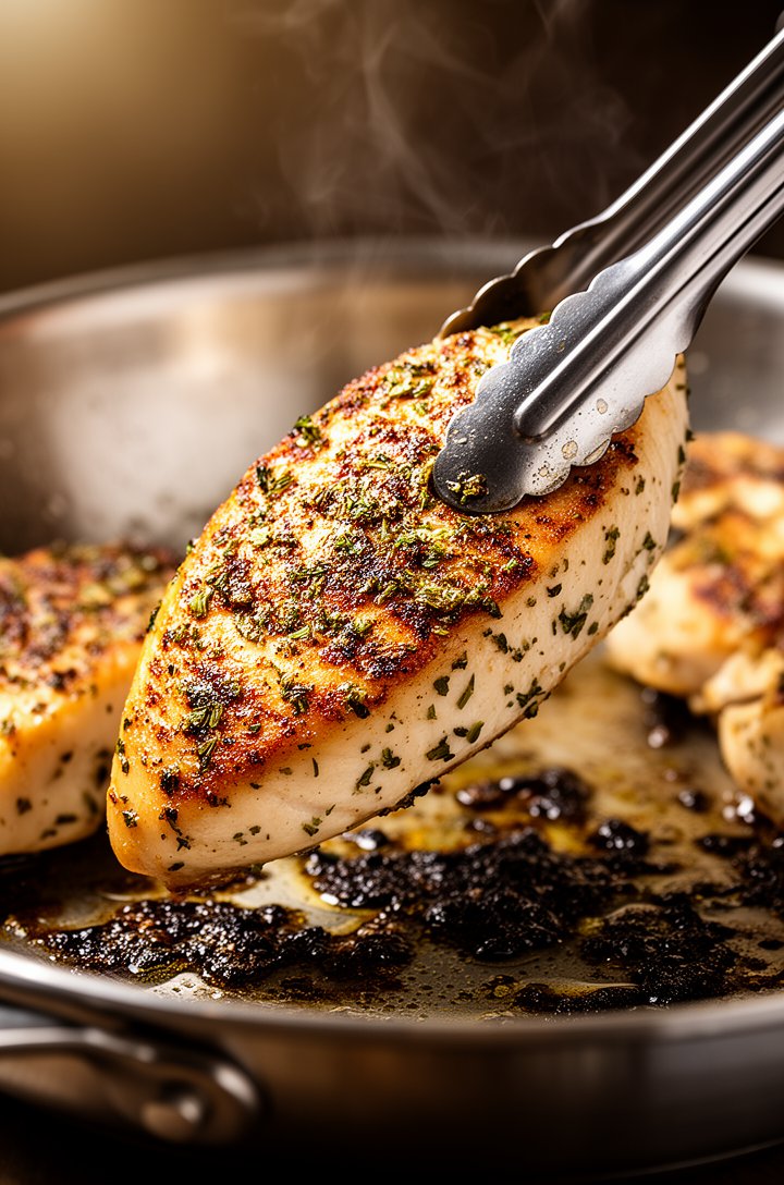 Side-angle close-up of golden-brown seared chicken breast being lifted from a stainless steel skillet with tongs, showing the deeply caramelized herb-crusted bottom. Dark fond (browned bits) visible on the pan surface beneath. Oil glistening, steam rising slightly. Warm directional lighting from the left, shallow depth of field.