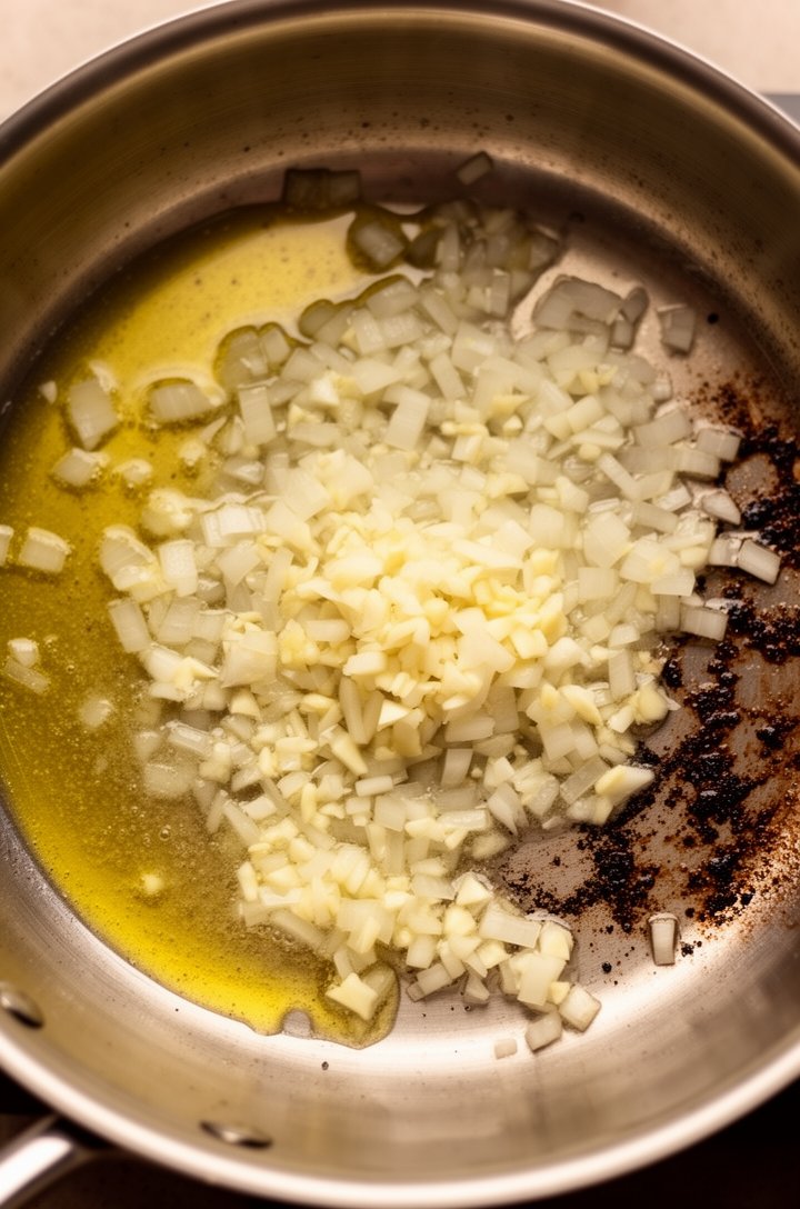 Overhead shot of diced onion and minced garlic cooking in butter and oil in the same stainless steel skillet, the onions turning translucent and soft. Golden butter pooling at the edges, dark fond bits from the chicken visible on the pan. Warm tones, natural kitchen lighting, tight crop on the pan interior.