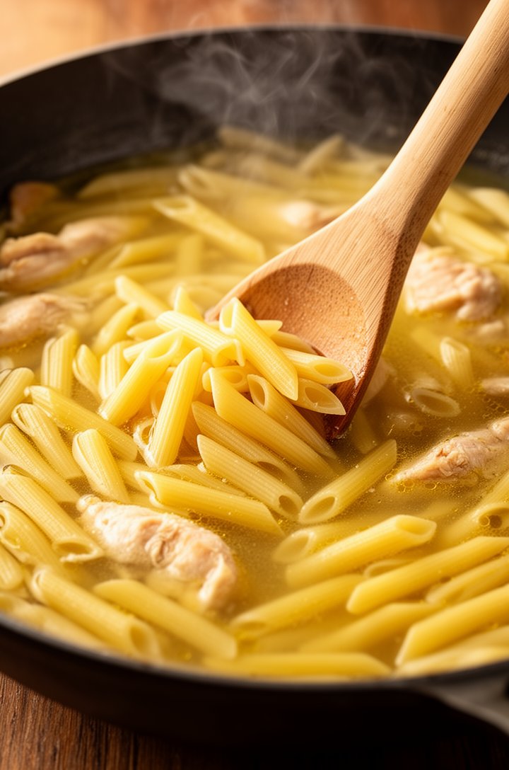 45-degree angle of dry penne pasta being stirred into golden chicken broth in the large skillet, a wooden spoon mid-stir. Some pasta still poking above the liquid surface, steam rising from the broth. The liquid has a rich golden color from the fond. Warm side lighting, wooden table surface visible at the edge.