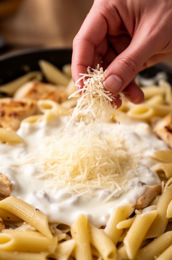 Close-up of a hand stirring finely grated parmesan cheese into the cooked penne pasta off-heat, the cheese melting into silky strands and coating the pasta in a creamy ivory sauce. Heavy cream just poured in, swirling into the mixture. Shot from 10 inches away, shallow depth of field, warm natural lighting emphasizing the glossy sauce texture.