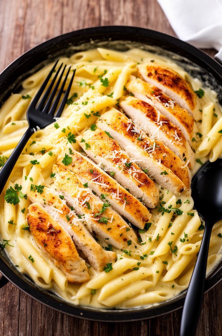 Overhead shot of the completed garlic parmesan chicken pasta in the skillet — sliced golden-brown chicken strips arranged on top of creamy penne, parsley sprinkled across the surface, parmesan dusted over everything. A black fork and serving spoon rest at the edges. Rustic wooden table, white napkin in the corner, warm natural overhead lighting, professional food blog composition.