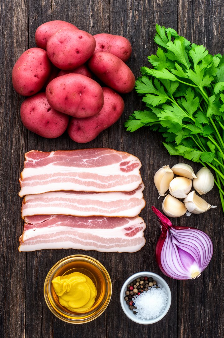 Overhead flat-lay of raw ingredients for German potato salad arranged on a rustic dark wood surface: a pile of whole red potatoes with visible red skin, a stack of raw bacon slices, a small glass bowl