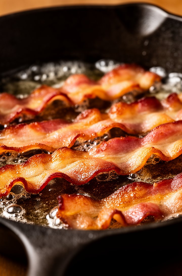 Extreme close-up of crispy golden-brown bacon pieces sizzling in a dark cast iron skillet, rendered fat bubbling around the edges, some pieces curled and deeply caramelized, warm amber tones from the 