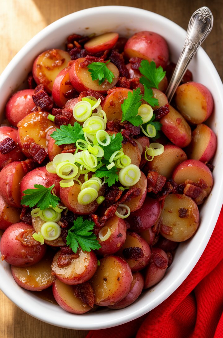 Close-up overhead shot of the finished German potato salad piled high in a white oval ceramic serving dish, glistening sliced red potatoes coated in tangy dressing with crispy dark bacon lardons scatt