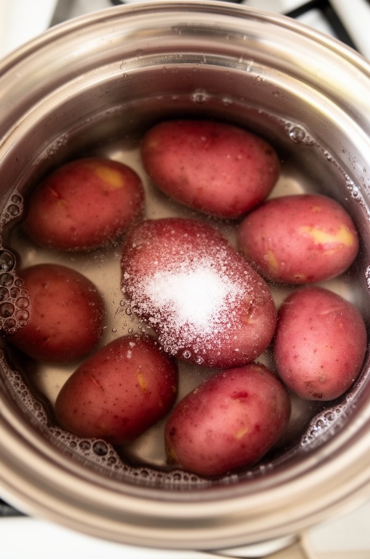Overhead shot of whole red potatoes submerged in a large stainless steel pot of water with visible salt dissolving, bubbles just starting to form at the edges as the water heats up, bright overhead kitchen lighting, clean stovetop background