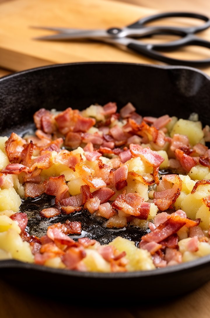 Close-up side angle of 1-inch bacon pieces cooking in a large cast iron skillet, some pieces starting to curl and turn golden brown while others are still rendering, melted bacon fat pooling in the pan, warm amber tones, kitchen shears resting on a cutting board in the soft background