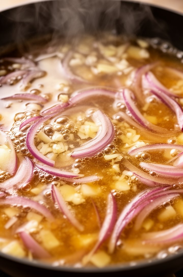 Overhead close-up of the warm vinegar dressing simmering in the skillet after bacon is removed — amber apple cider vinegar bubbling with softened red onion slices, minced garlic, and dissolved sugar visible, the liquid slightly thickened and glossy, warm tones with steam rising