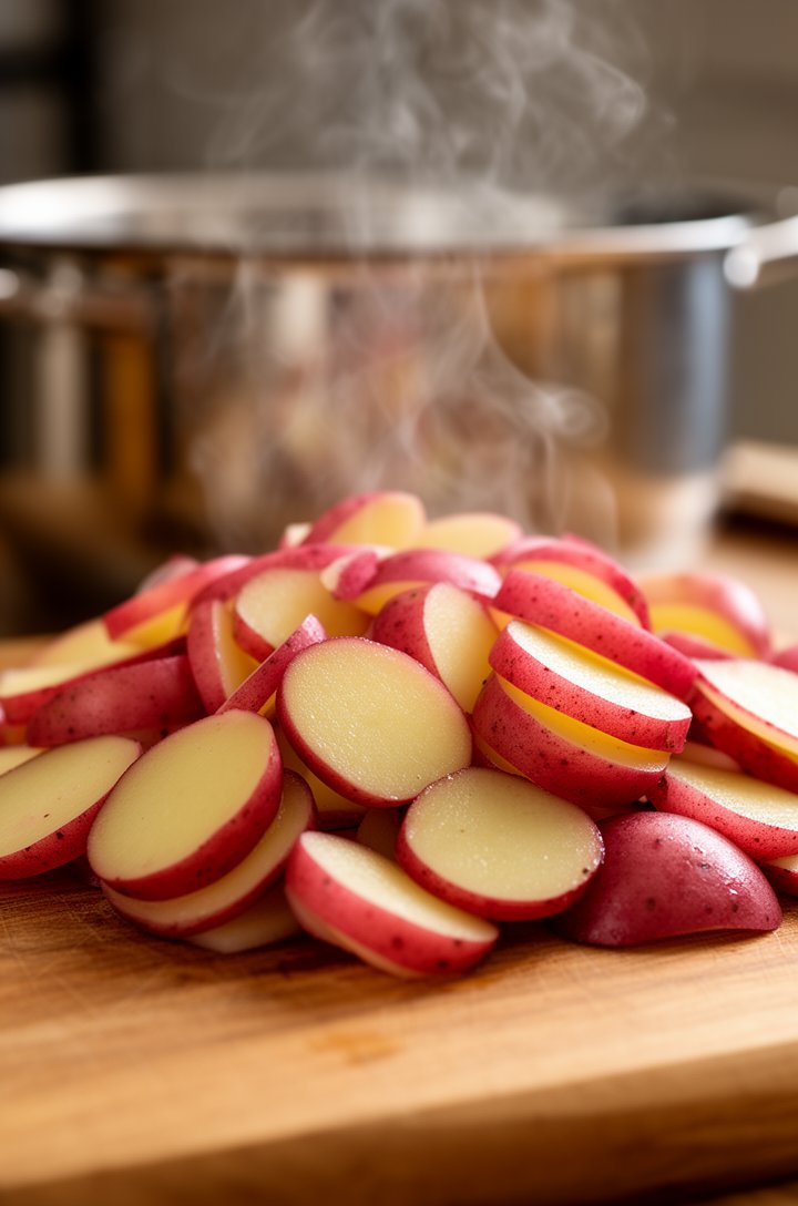Side angle shot of warm sliced red potatoes cut into quarter-inch rounds on a wooden cutting board, steam visibly rising from the freshly drained potatoes, red skin edges visible on each slice, a large pot blurred in the background
