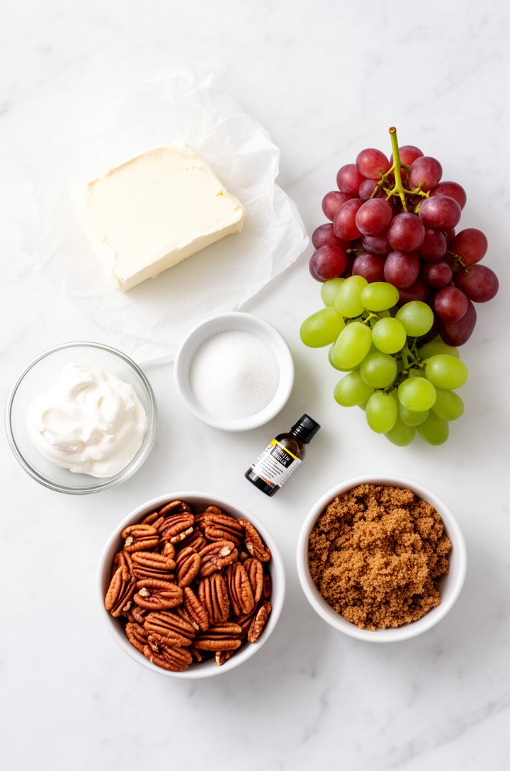 Overhead flat-lay of grape salad ingredients arranged on a white marble countertop — a block of cream cheese on parchment paper, a small glass bowl of sour cream, a ramekin of granulated sugar, a tiny