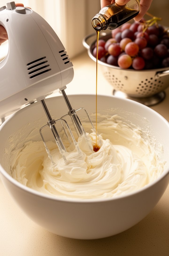 Close-up 45-degree angle shot of an electric hand mixer beating cream cheese and sour cream together in a large white mixing bowl, the mixture smooth and fluffy with visible swirls, a splash of vanill