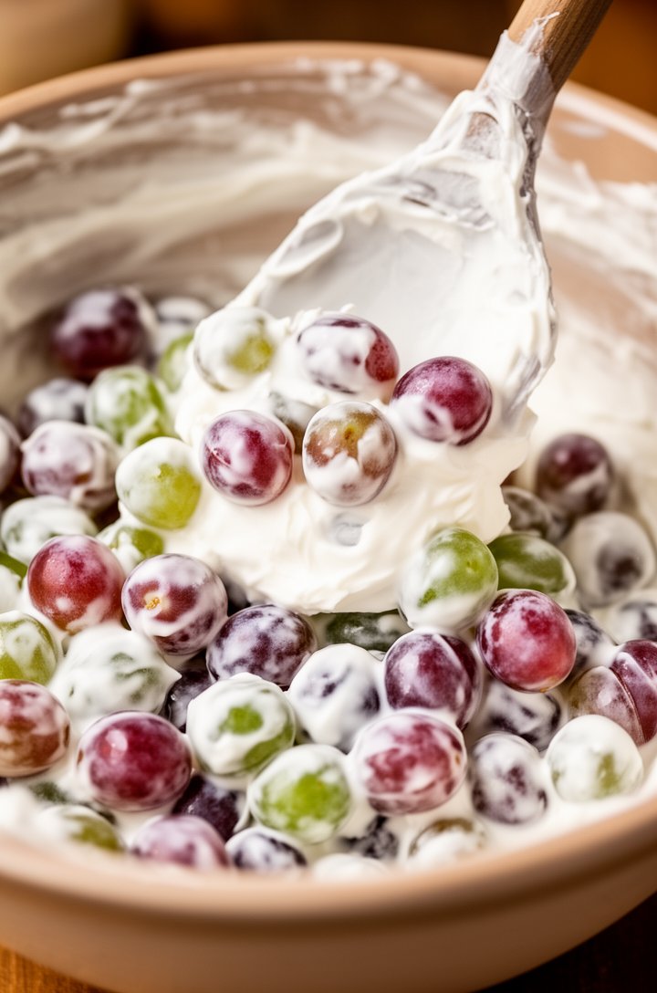 Side-angle close-up of a large spoon folding plump red and green grapes into the white cream cheese dressing in a mixing bowl, some grapes fully coated in the glossy white mixture and others just bein