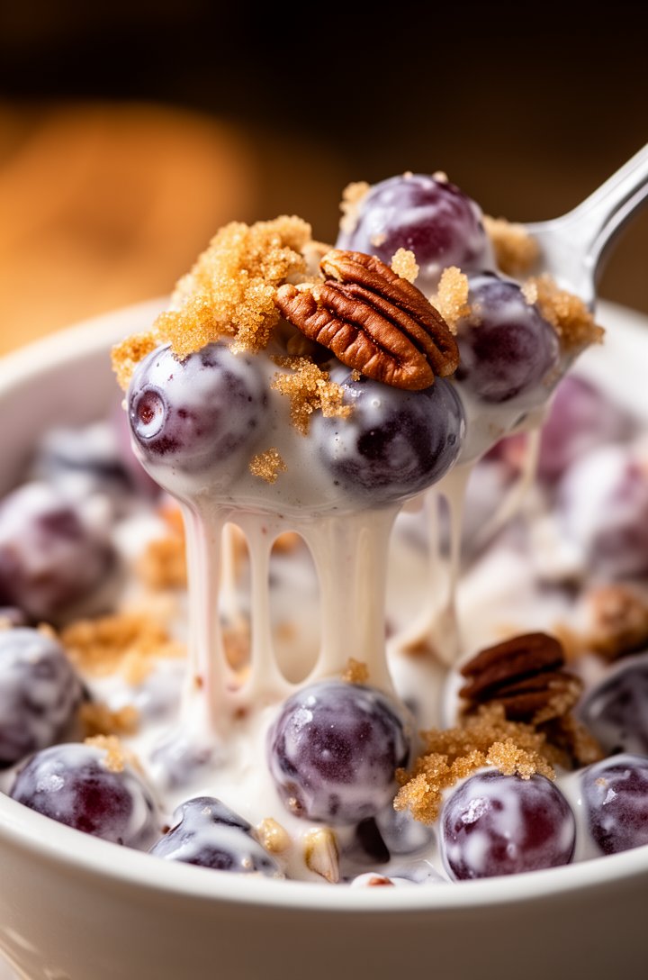 Extreme close-up macro shot of a single spoonful of grape salad being lifted from the bowl, showing the creamy dressing stretching between grapes, brown sugar crumbles clinging to the coating, a visib