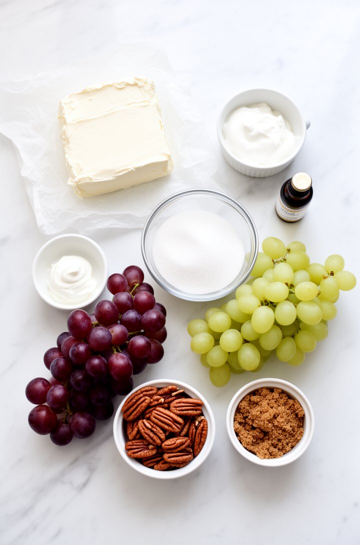 Overhead flat-lay of recipe ingredients arranged on a white marble surface: a block of softened cream cheese on parchment paper, a small white bowl of sour cream, a clear glass bowl of granulated suga