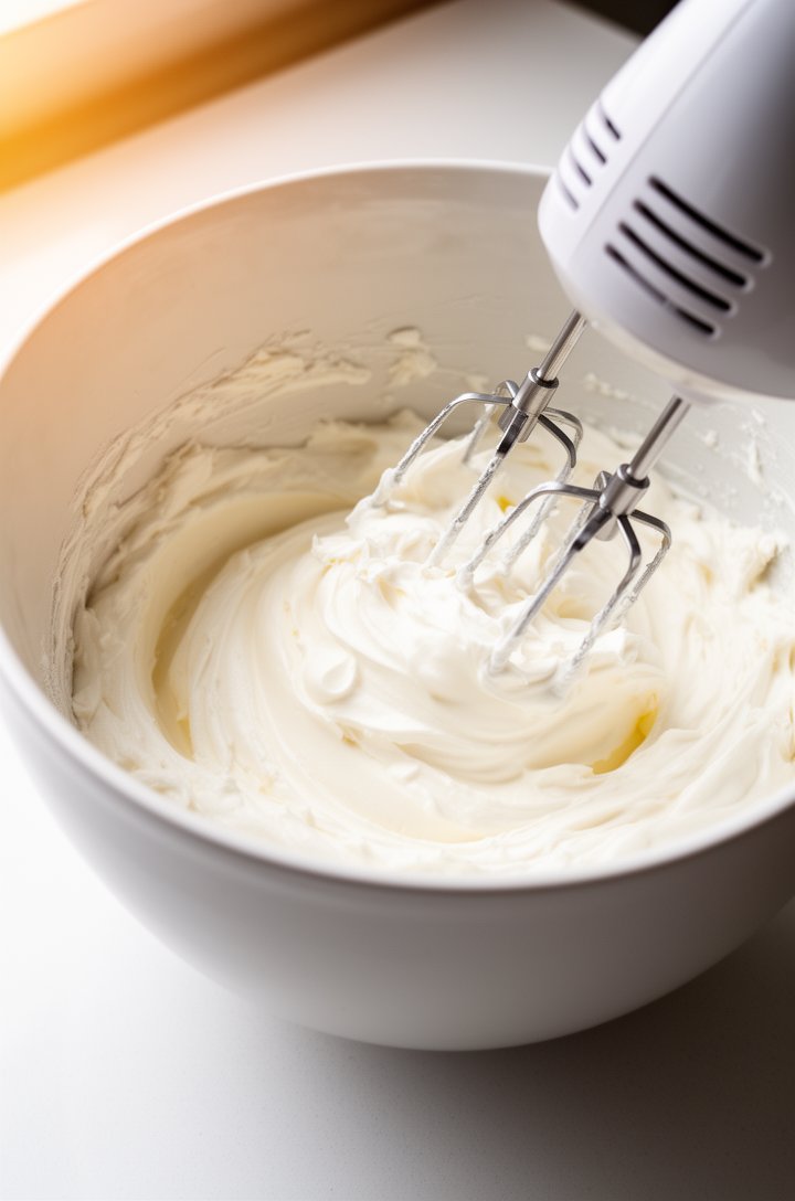 Close-up 45-degree angle shot of a hand mixer beating cream cheese and sour cream in a large white mixing bowl, the mixture smooth and creamy white with a few small streaks still visible, warm natural