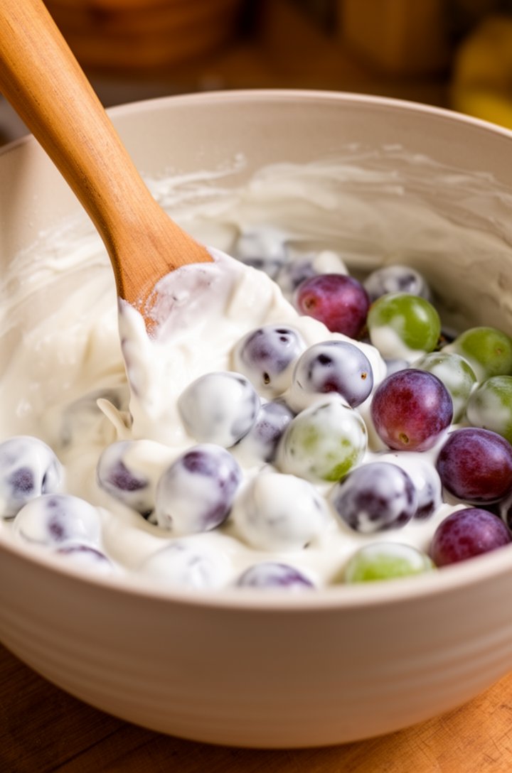 Side-angle shot of plump red and green grapes being gently folded into the creamy white dressing in a large ceramic mixing bowl with a wooden spoon, some grapes fully coated in the glossy white cream 