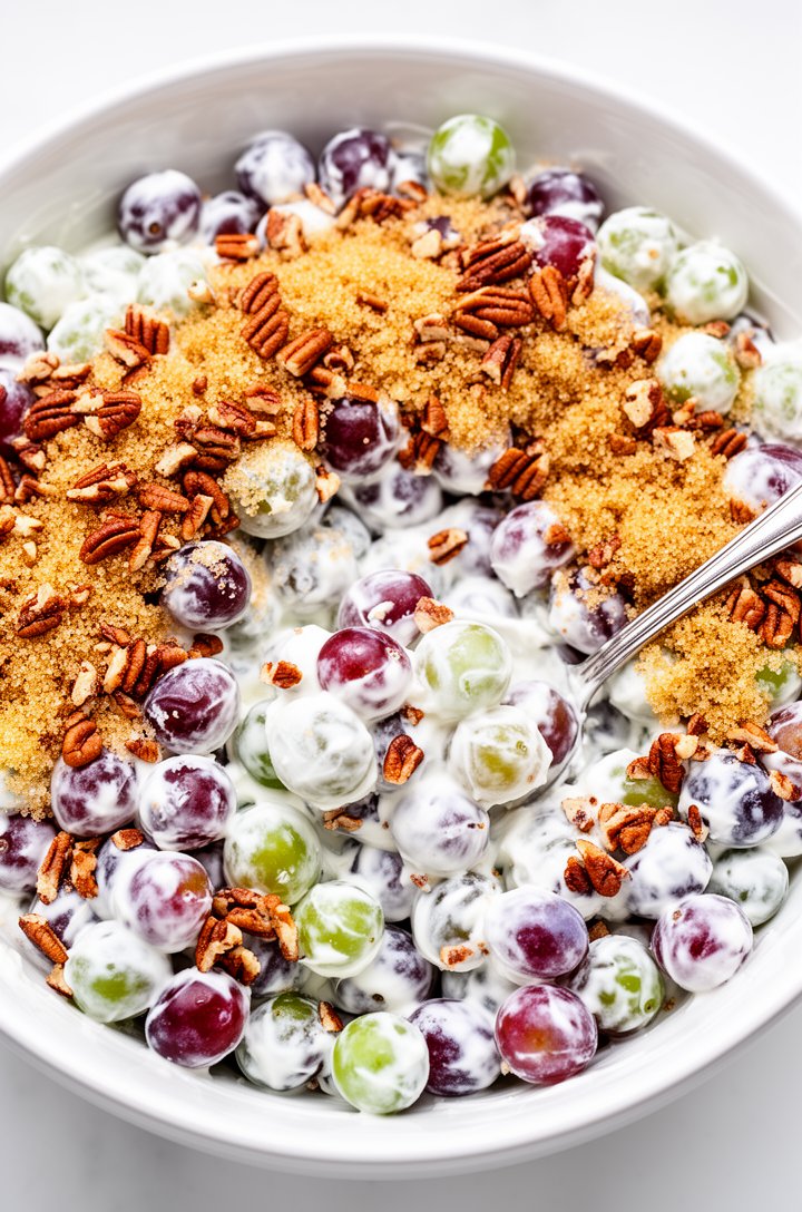 Extreme close-up overhead shot of the finished grape salad in a wide white ceramic serving bowl, plump red and green grapes coated in thick white cream cheese dressing with golden-brown sugar crumbles