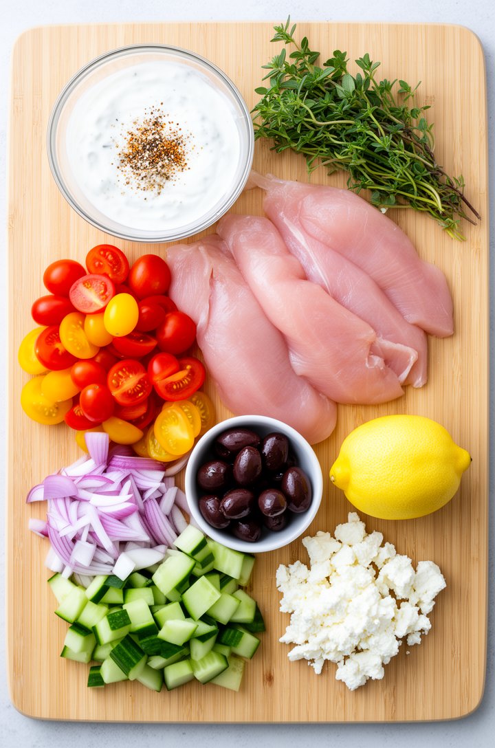 Overhead flat-lay of Greek chicken salad ingredients arranged in separate groups on a light wood cutting board — a bowl of white yogurt marinade with visible spices, raw pink chicken tenders, halved r