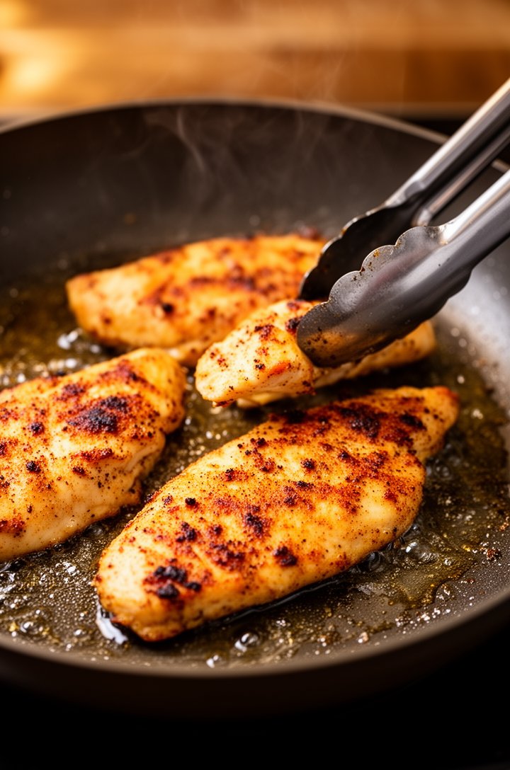 Close-up 45-degree angle of chicken tenders searing in a dark non-stick skillet, golden-brown crust forming on the bottom with visible char spots from the yogurt marinade, spice-flecked surface, oil s