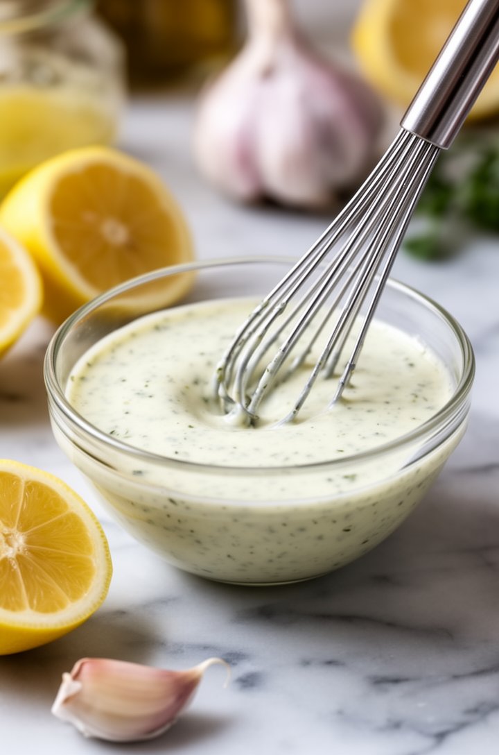 Extreme close-up of a small glass bowl of homemade Greek dressing being whisked, showing the creamy emulsified texture with tiny herb flecks, a silver whisk mid-motion creating a small vortex, lemon h