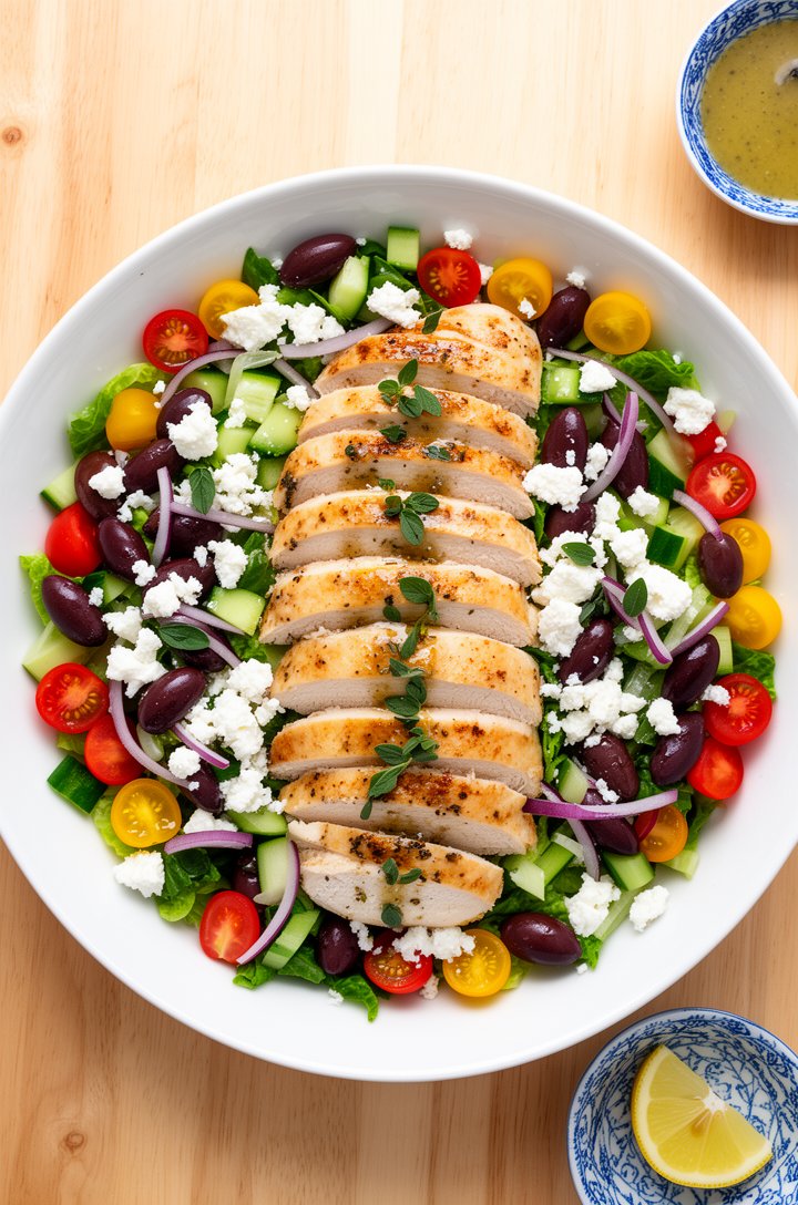Overhead shot of a finished Greek chicken salad served in a wide white ceramic bowl on a light birch wood table, sliced golden-brown chicken arranged in a fan pattern over chopped green romaine, surro