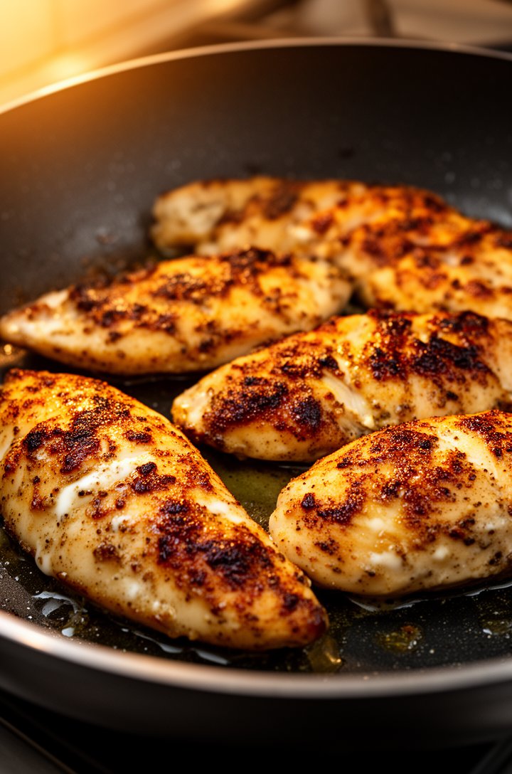 Close-up side-angle of golden-brown seared chicken tenders in a dark non-stick skillet, showing the charred yogurt-spice crust with caramelized spots, 4-5 pieces arranged in a single layer with small gaps between them, rendered juices visible in the pan, warm amber kitchen lighting from the left side, shallow depth of field