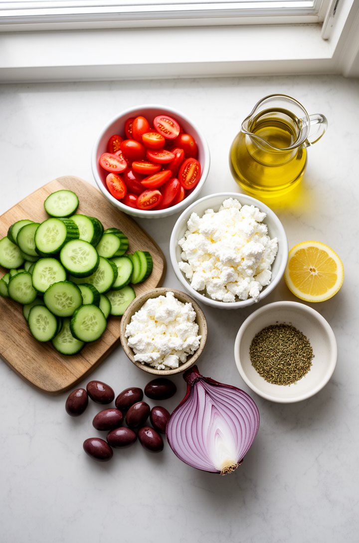Overhead flat-lay of Greek cucumber salad ingredients arranged on a light marble countertop — a wooden cutting board with sliced cucumbers, a small bowl of halved cherry tomatoes, a ramekin of crumble