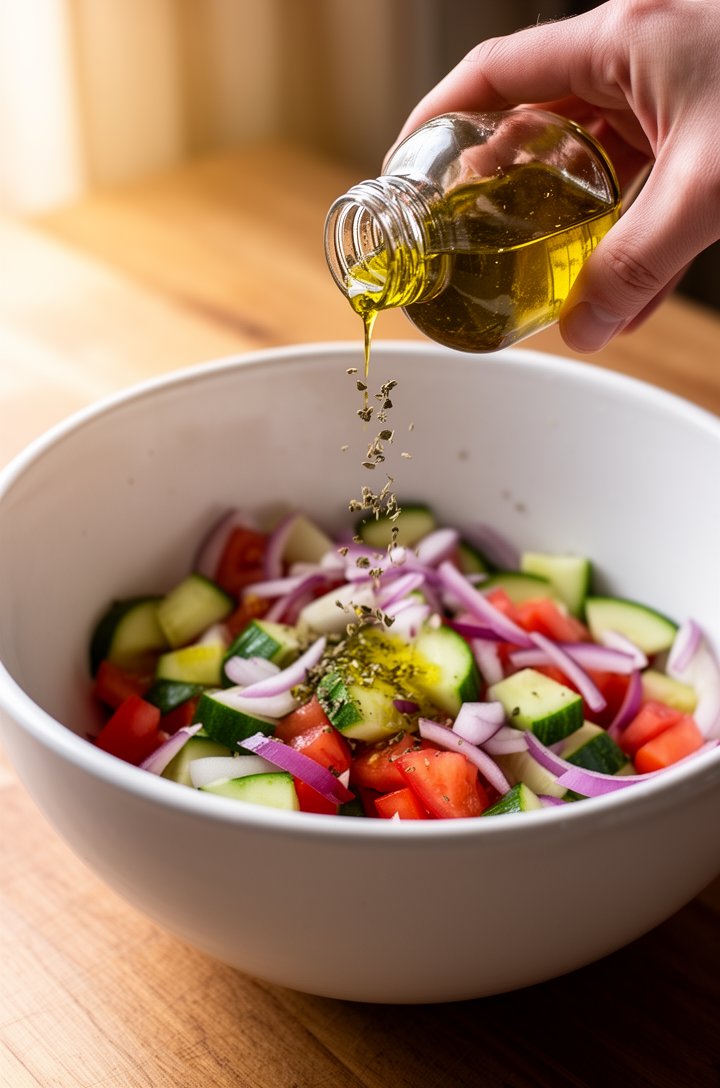 Close-up 45-degree angle shot of a hand pouring golden olive oil dressing from a small glass jar over a bowl of freshly chopped cucumbers, tomatoes, and red onion slices in a large white ceramic mixin
