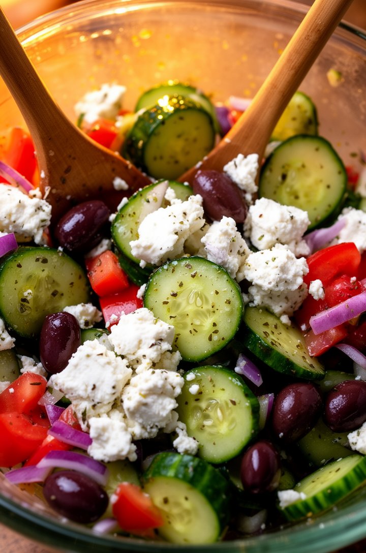 Extreme close-up macro shot of the finished Greek cucumber salad being tossed in a large glass bowl with wooden salad servers, showing glistening cucumber rounds with visible seeds, bright red tomato 