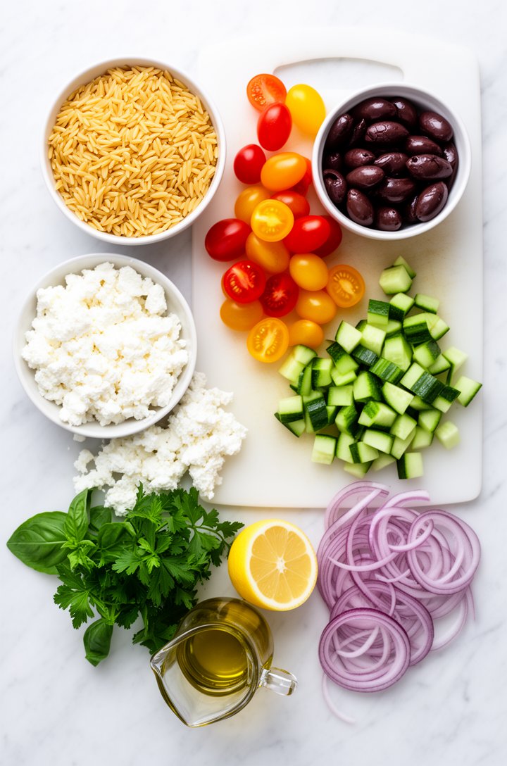 Overhead flat-lay of Greek orzo salad ingredients arranged on a white marble surface before assembly: a small bowl of golden orzo pasta, halved red and yellow grape tomatoes on a cutting board, sliced