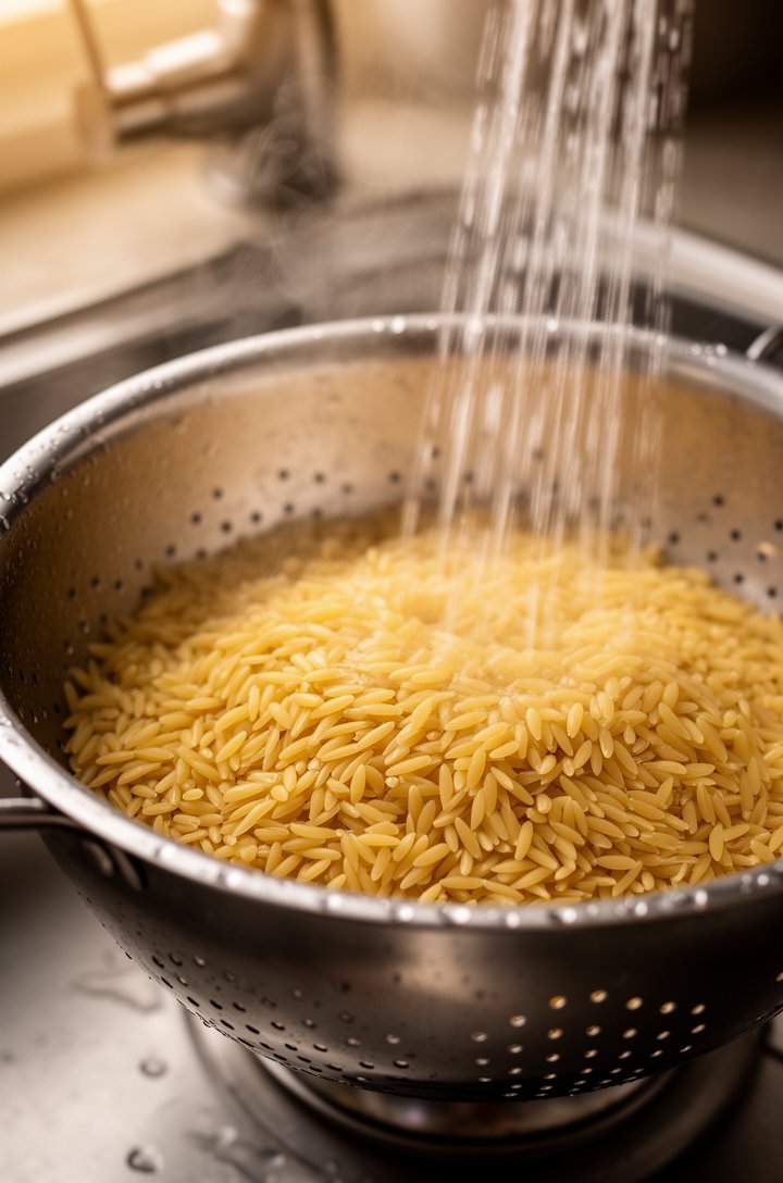 Close-up 45-degree angle shot of orzo pasta draining in a stainless steel colander in a kitchen sink, cold water running over the golden pasta grains creating a slight steam, water droplets visible on
