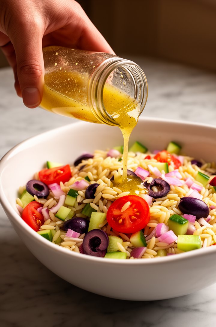 Side-angle shot of a hand pouring lemon vinaigrette dressing from a small glass jar over a large white ceramic bowl filled with cooked orzo mixed with colorful diced vegetables — red tomato halves, gr