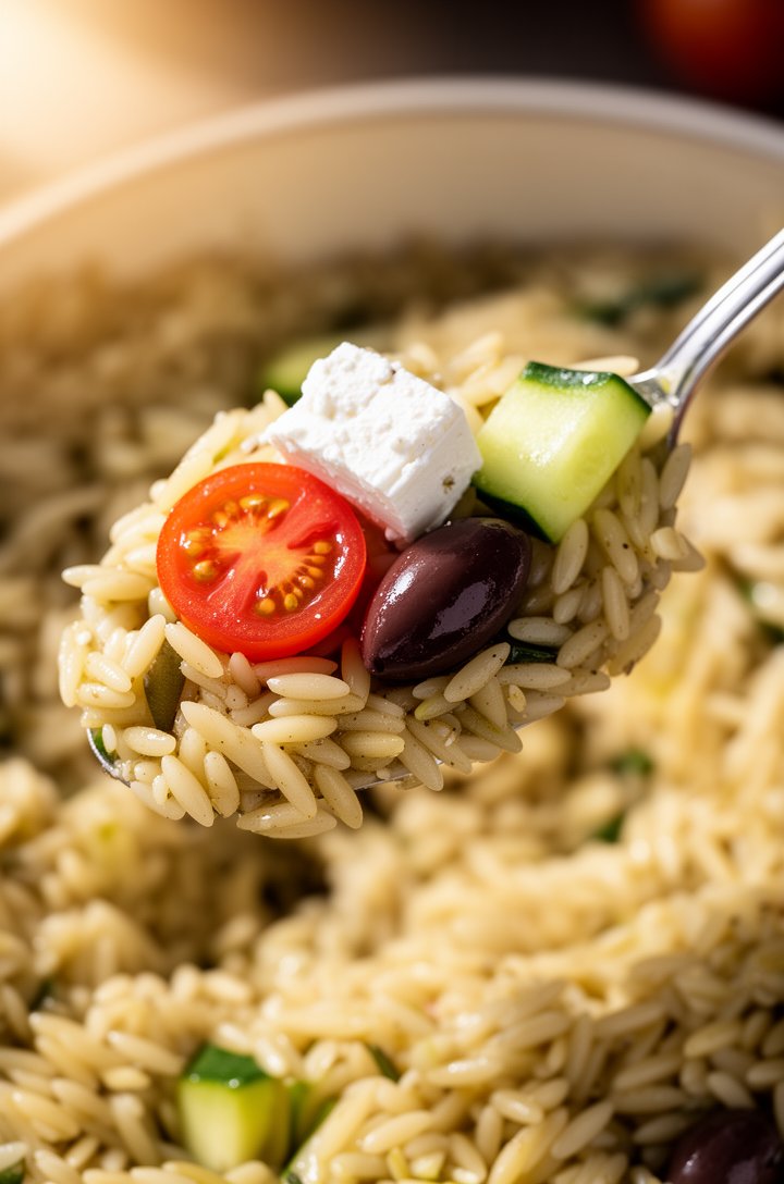 Extreme close-up macro shot of a serving spoon lifting a generous portion of Greek orzo salad from a large bowl, showing individual orzo grains glistening with vinaigrette, a chunk of white feta chees