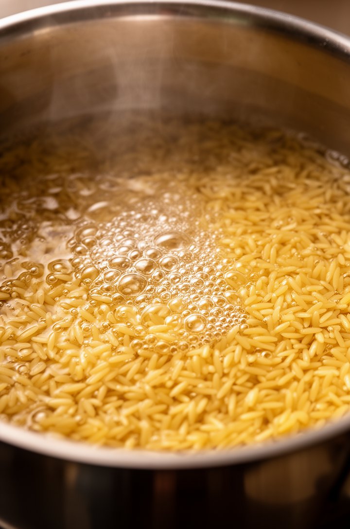 Close-up shot of golden orzo pasta cooking in a large pot of boiling salted water, bubbles rising around the small rice-shaped grains, steam wisping from the surface, stainless steel pot edge visible, warm overhead kitchen lighting
