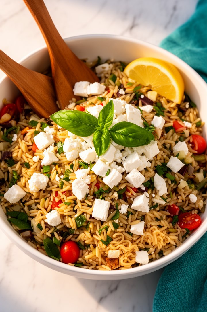 Close-up overhead shot of the finished Greek orzo salad in a large white bowl with wooden serving spoons, feta cubes scattered across the top, fresh basil leaves as garnish, a lemon wedge on the rim, on a white marble surface with a teal linen napkin at the edge. Warm natural side lighting creating soft shadows, shallow depth of field on the edges