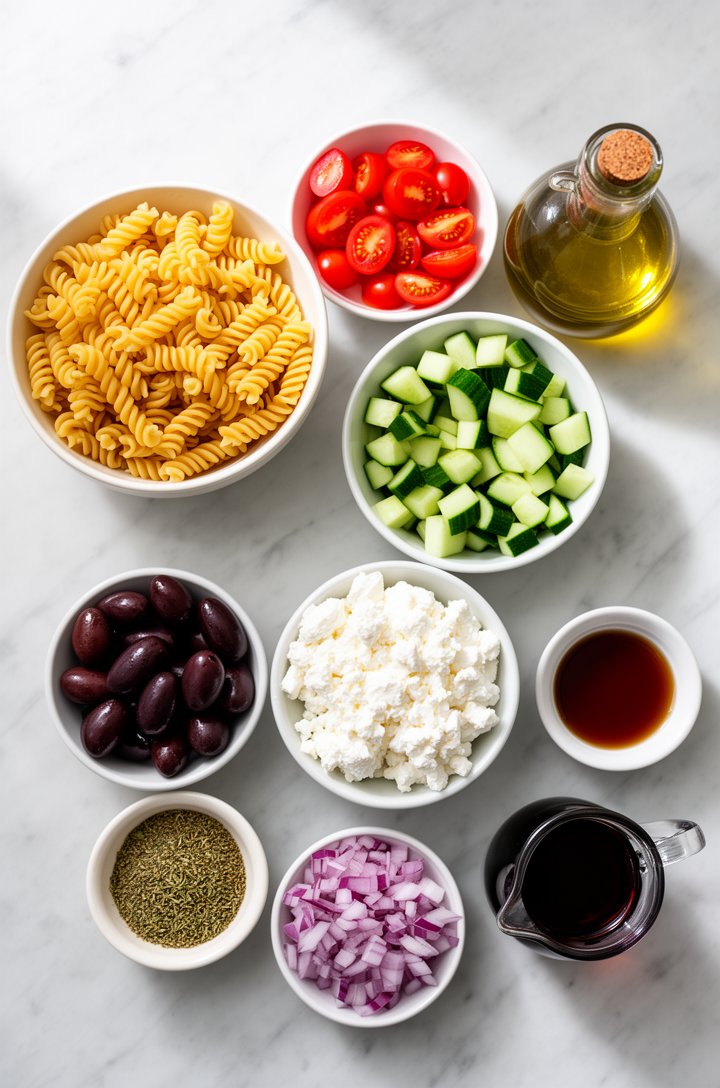 Overhead flat-lay of all Greek pasta salad ingredients arranged in small bowls on a light marble surface — a bowl of uncooked golden rotini, a small dish of halved cherry tomatoes showing red juicy ce